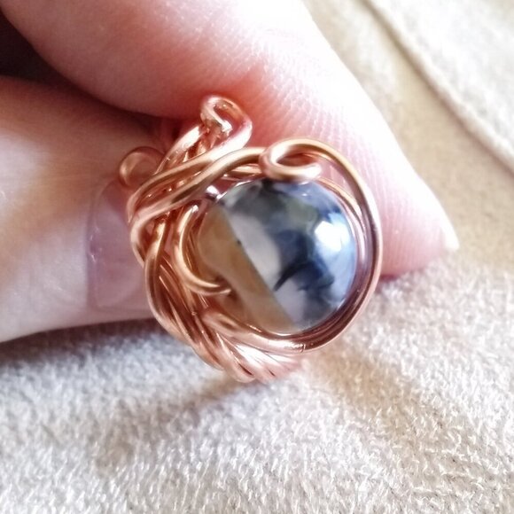 Size 7 ~ One-of-a-kind! Dragonvein Agate + Rock Bead - Embellished Copper Ring - Picture 9 of 12